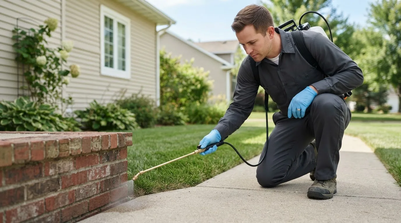 Pest control technician treating a home near Benedict, KS