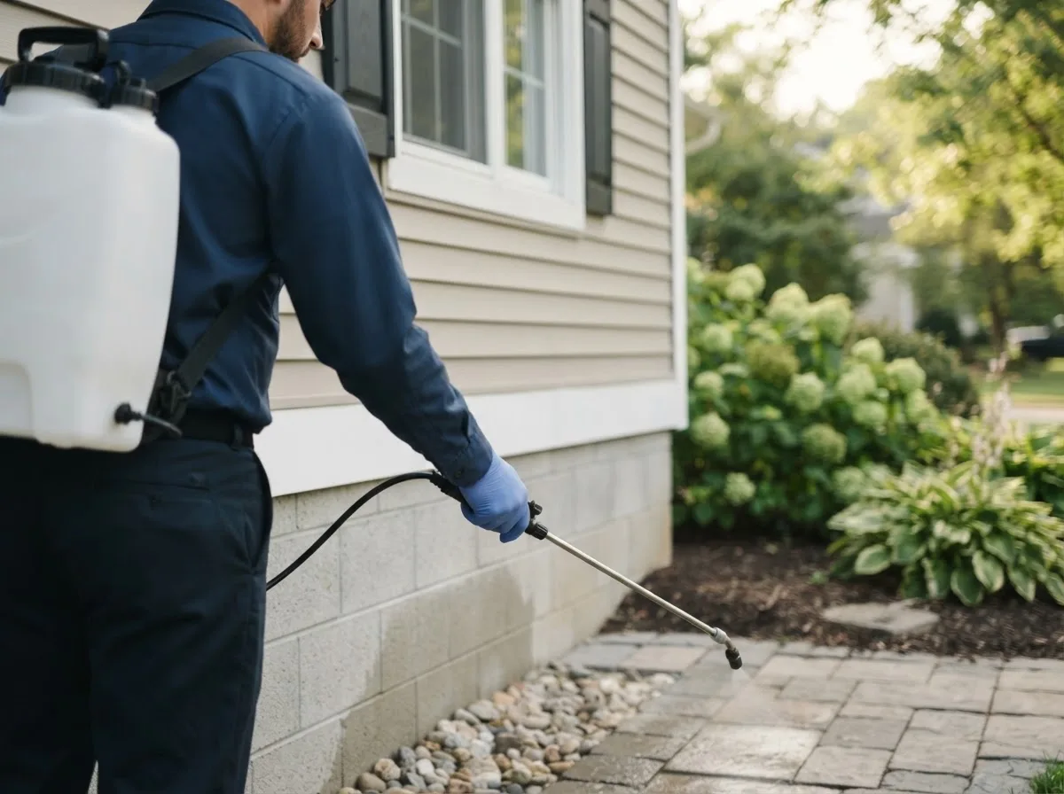 Pest control technician inspecting a home in Benedict, KS
